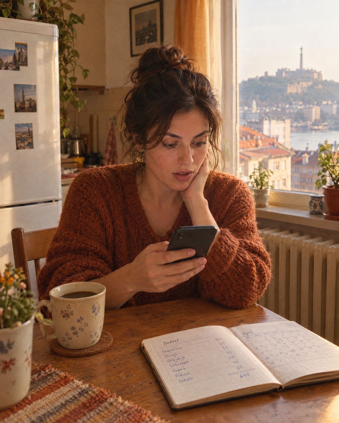 Žena za kuhinjskim stolom sa kafom i sveskom sa kućnim budžetom gleda u telefon
